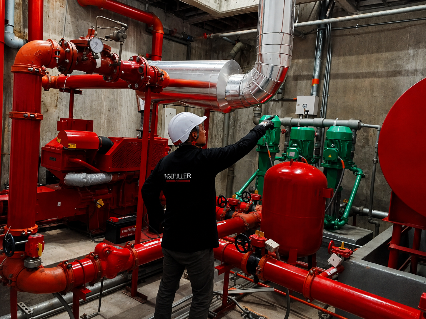 Técnico de INGEFULLER inspeccionando el cuarto de bombas contra incendio de un edificio