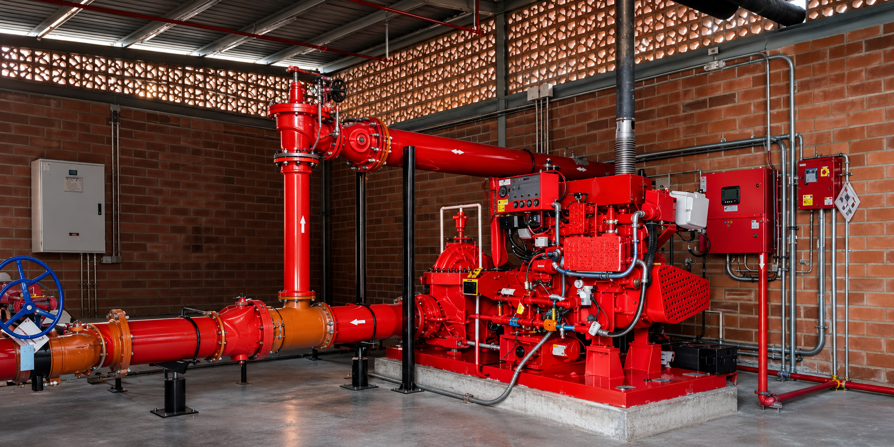 Cuarto de bombas contra incendio de un edificio con motobomba diésel y red de tubería roja