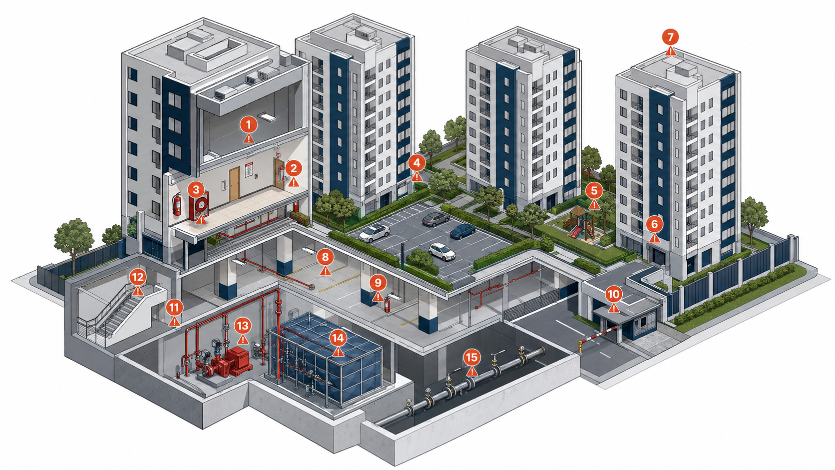 Infografía de un conjunto residencial con los 15 puntos de error del sistema contra incendio numerados