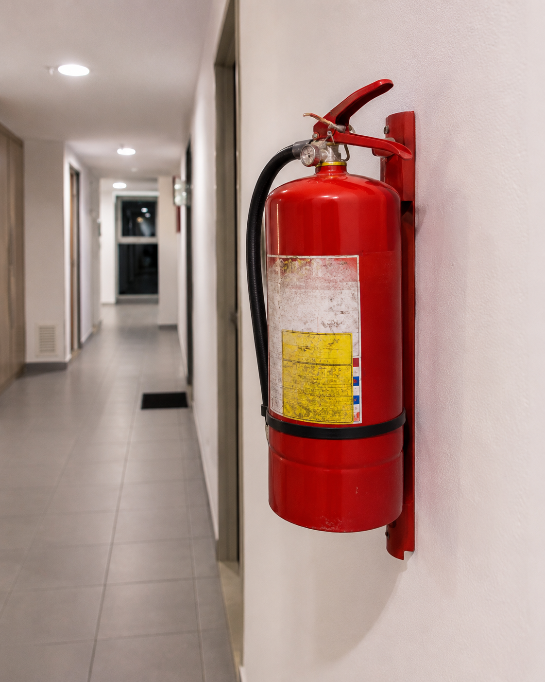 Extintor portátil en un pasillo de conjunto residencial con la etiqueta de mantenimiento deteriorada e ilegible