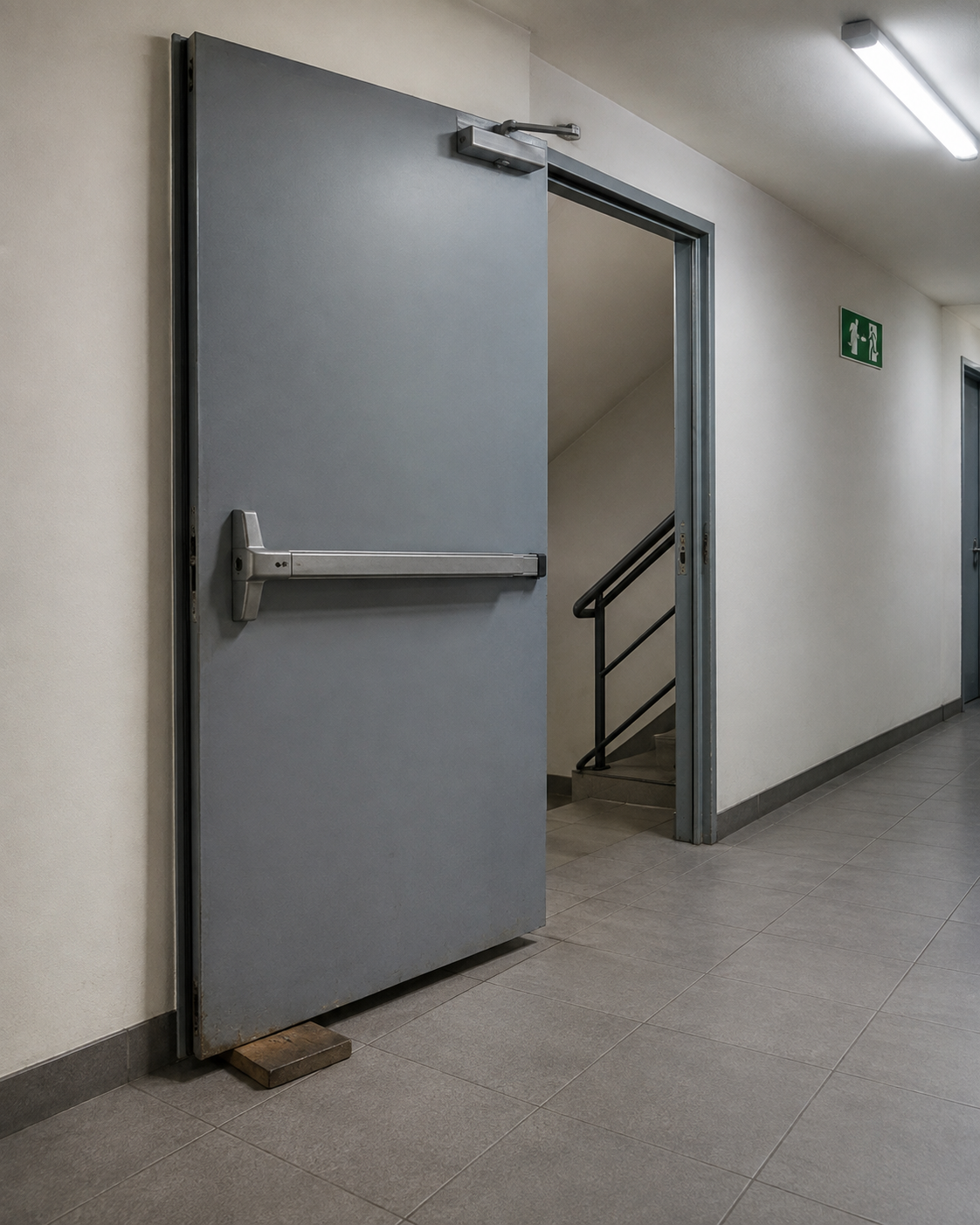 Puerta cortafuego calzada con una cuña de madera para mantenerla abierta en un conjunto residencial