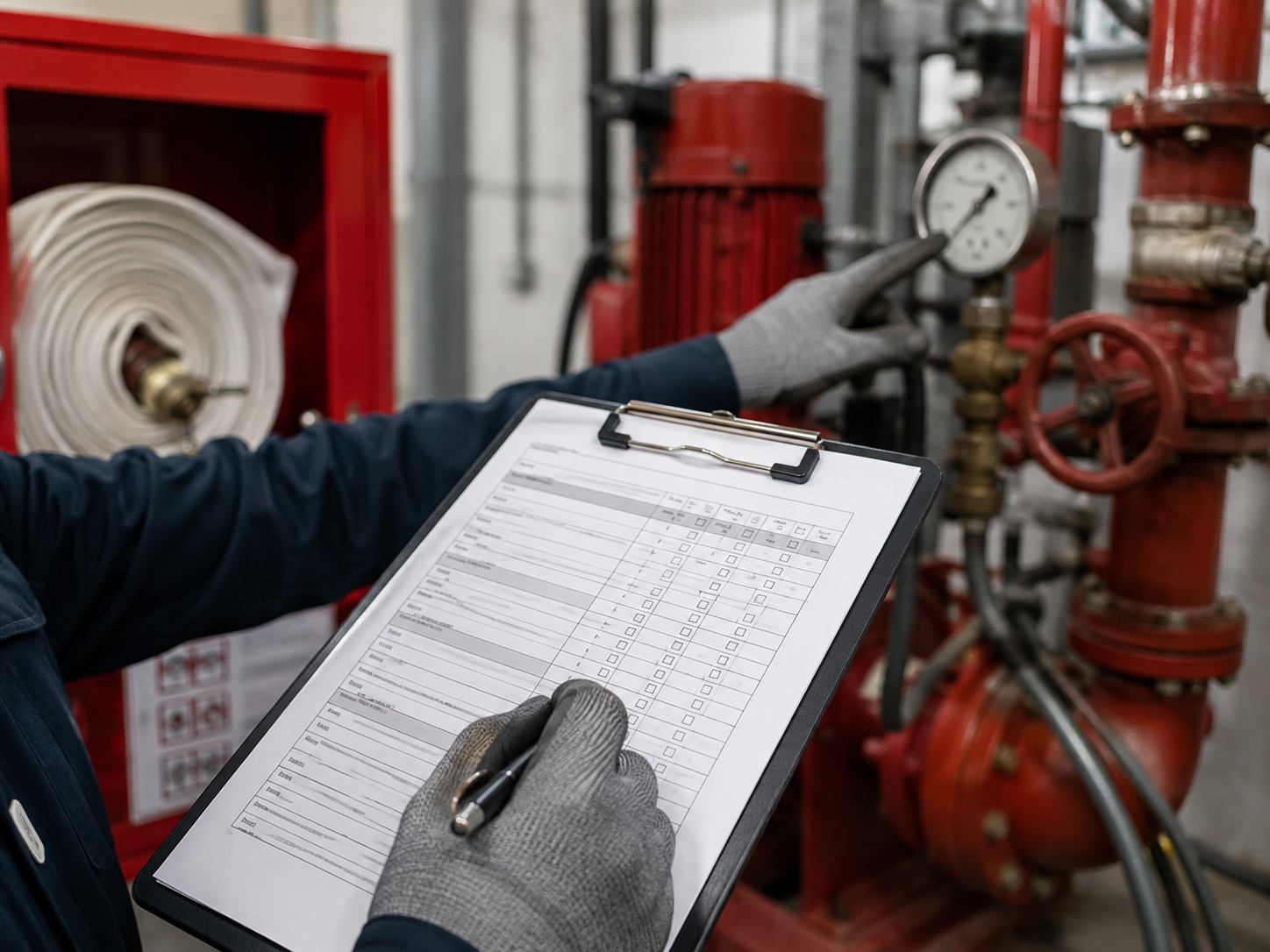 Técnico revisando un checklist de inspección junto al sistema contra incendio de un edificio